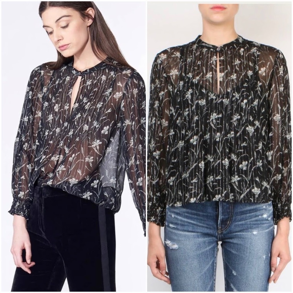 Veronica Beard Walker Floral Blouse Size 10 LurexMetallic Silk Blend Black Sheer